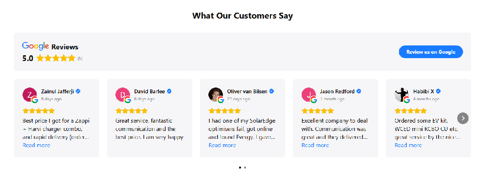 Evergy Google Reviews section showing a 5.0-star rating and three customer testimonials praising price, service, and delivery, including reviews from Zainul Jafferji, David Barlee, and Oliver van Bilsen.